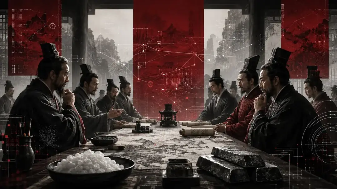 古代中国の討論風景とデジタルネットワークを融合させたイメージ